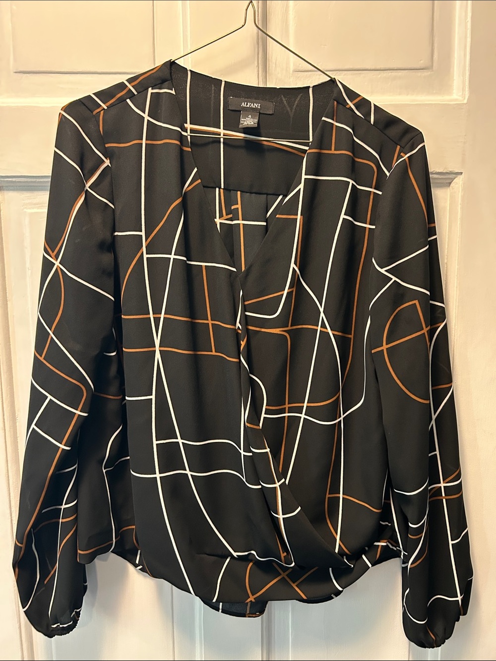 Alfani Black Geometric-Print Long Sleeve Wrap Blouse with White and Rust Lines
